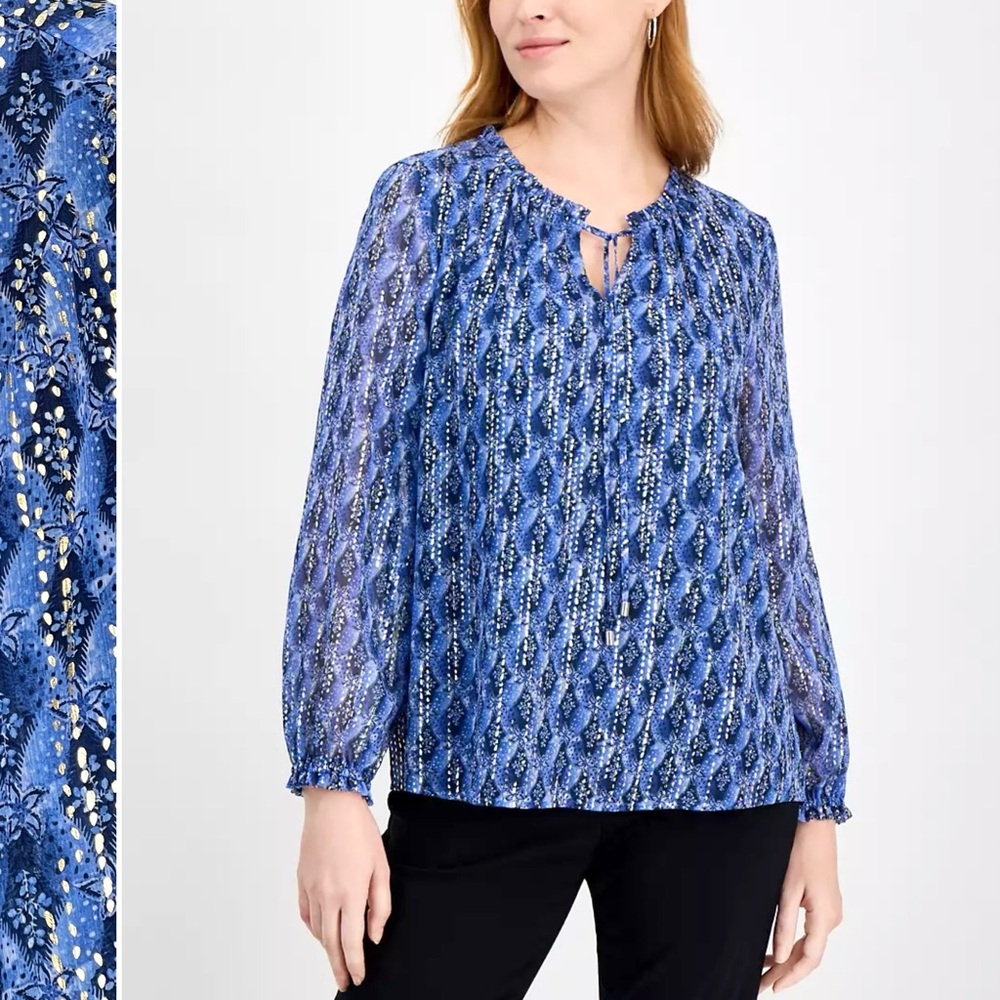 JM COLLECTION Chiffon Tie Ruffle Neck Blouse Split Neck  Long Sleeve Lined